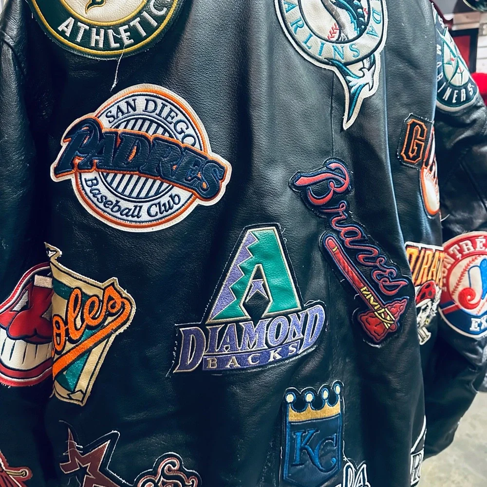 JH Design Vintage MLB Baseball Team All Over Patch Black Leather Jacket